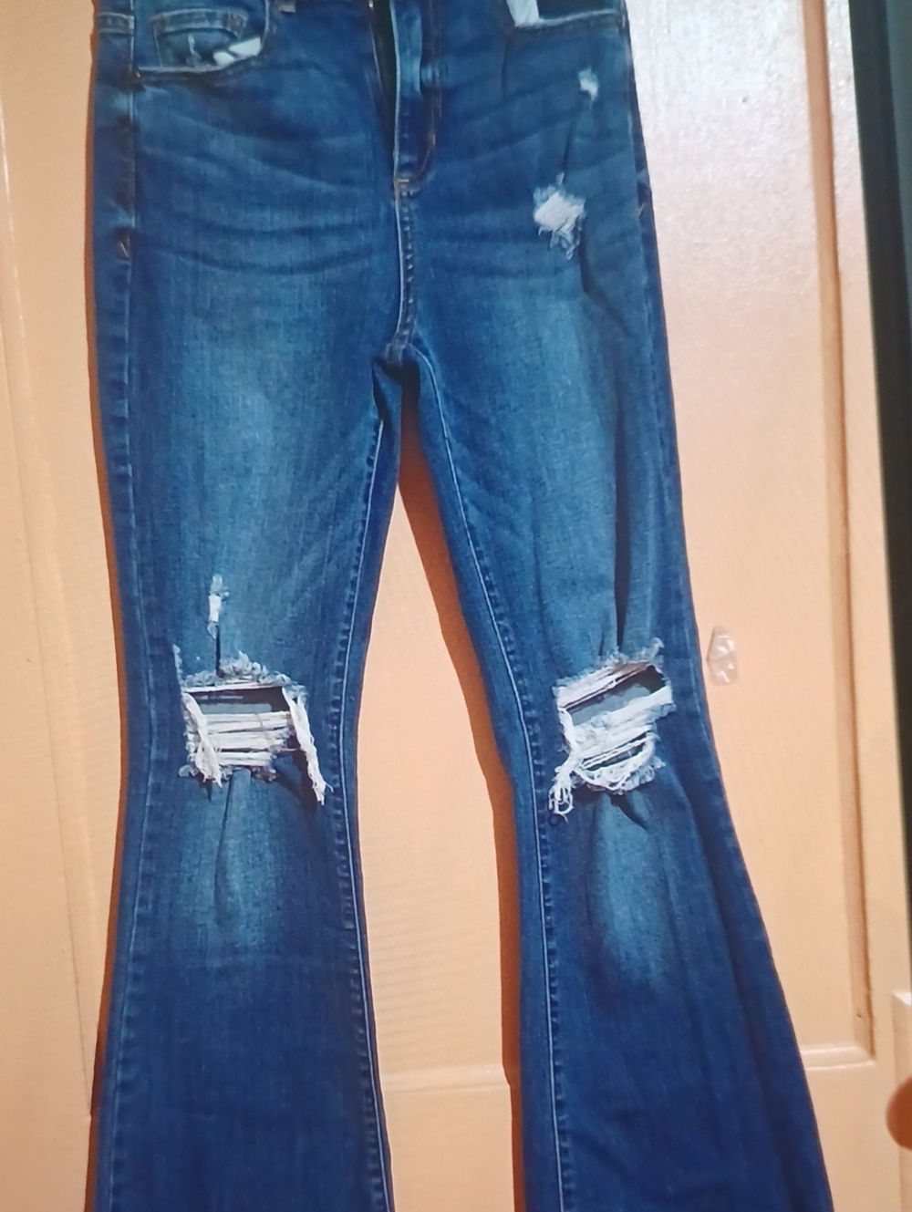 Distressed Dark Blue Flare Jeans for Women